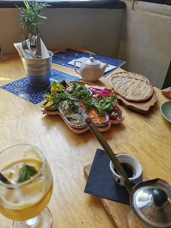 Selection of dips and bread in Hamsa restaurant